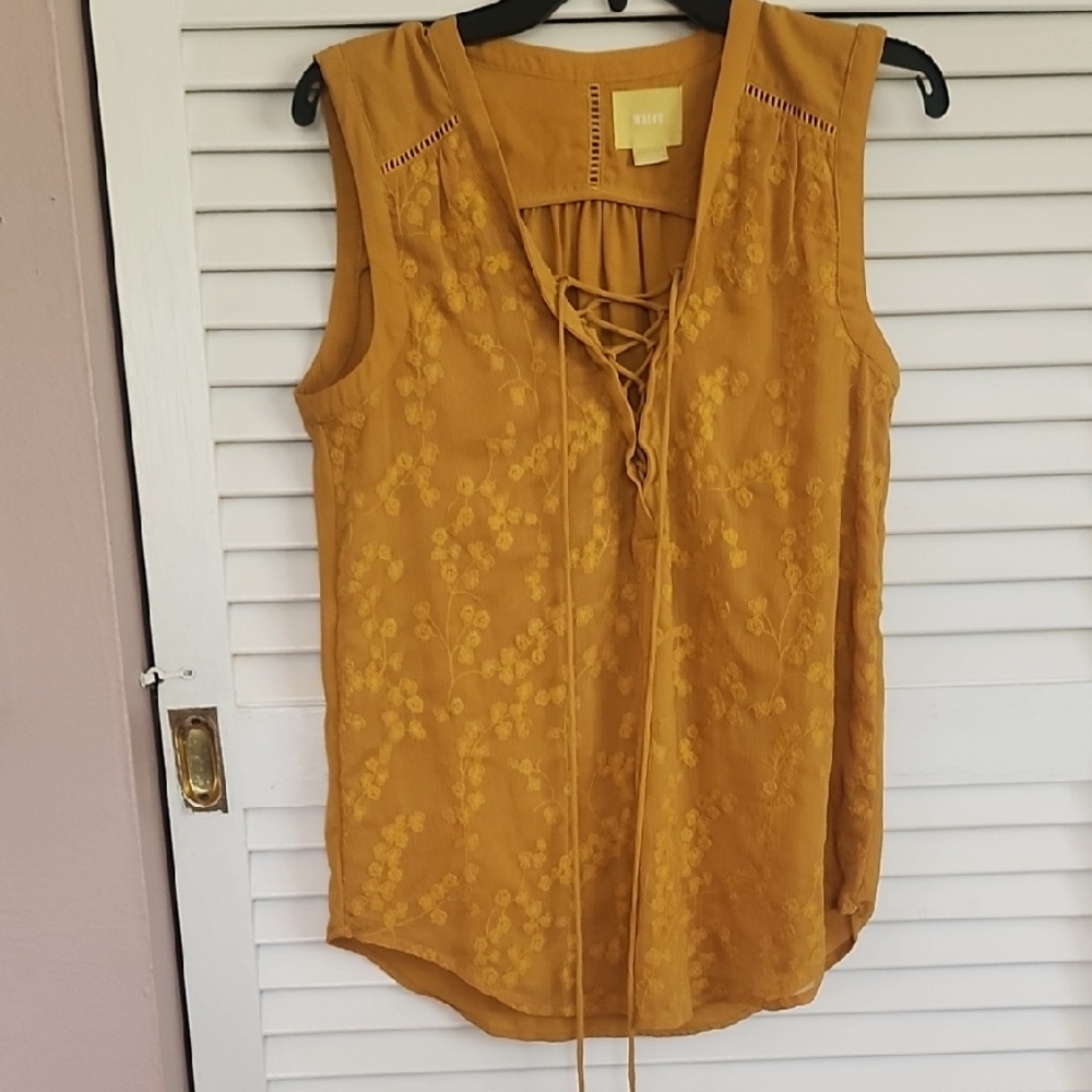 Maeve Mustard Embroidered Lace-Up Sleeveless Camisole